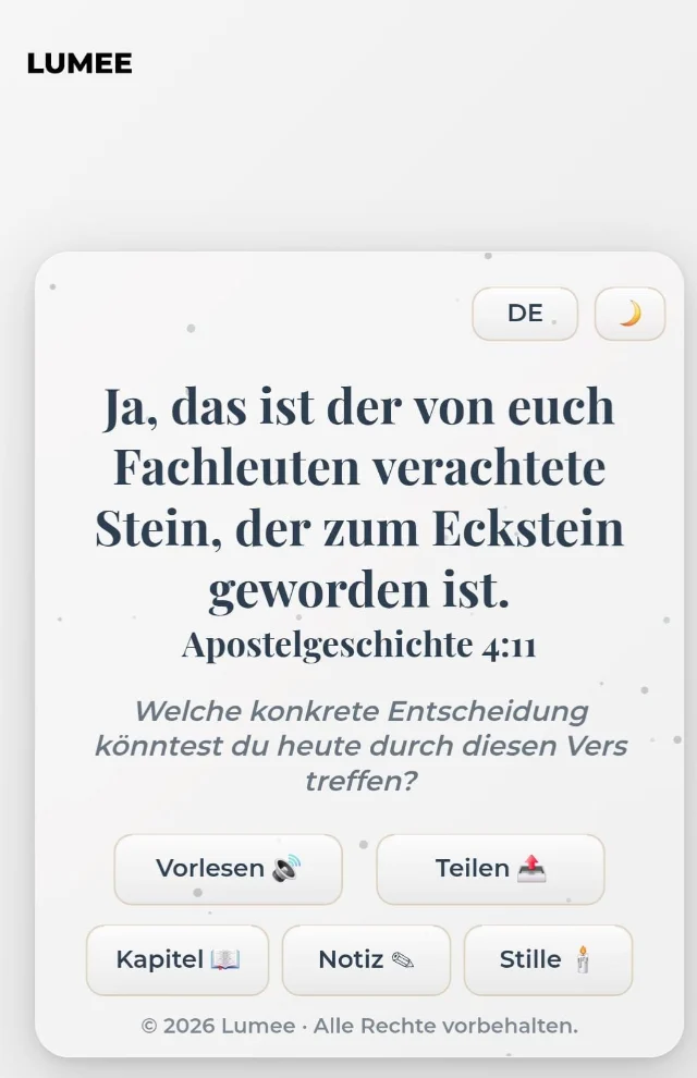 Screenshot der LUMEE-Web-App im hellen Modus mit Vers des Tages und Impulsfrage